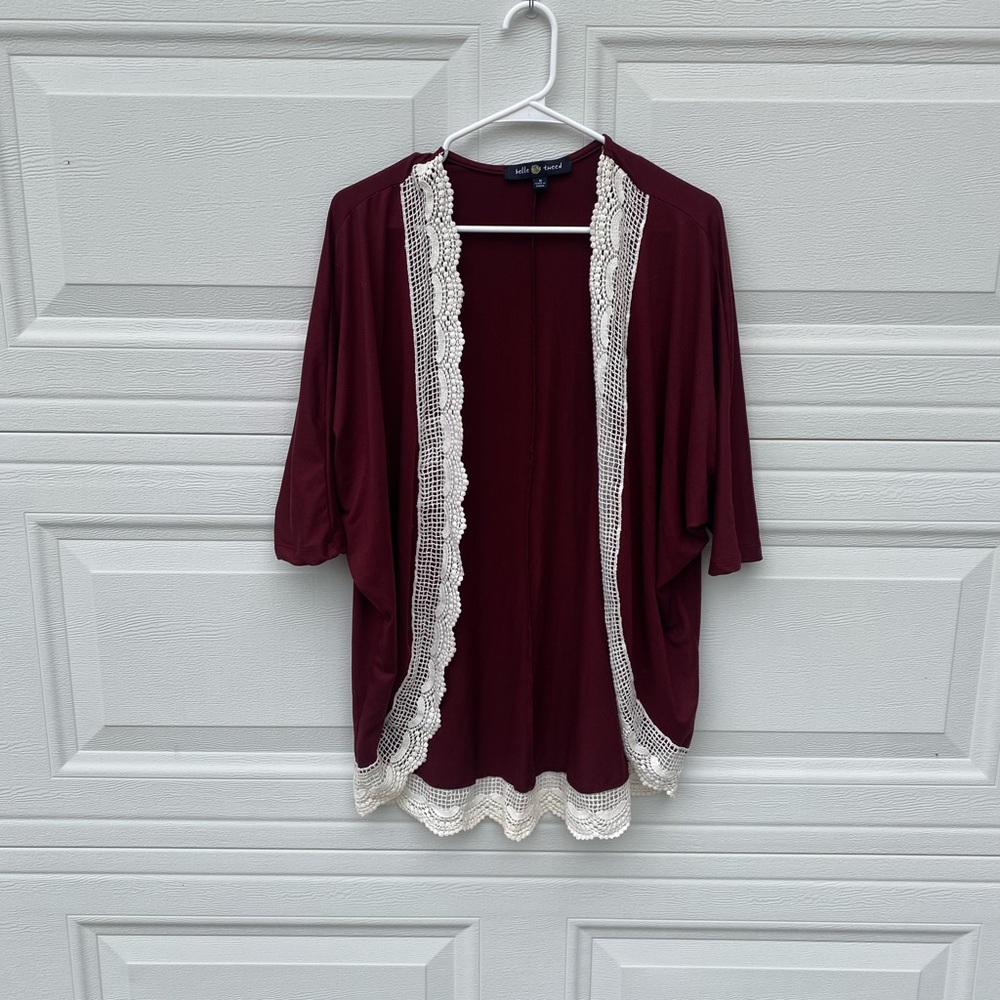Women's Maroon Open-Front Crochet Trim Cardigan